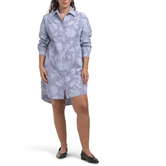 SBA BLUE MULTI Made In Italy Long Sleeve Striped Floral Mini Shirt Dress - Picture 1 of 2